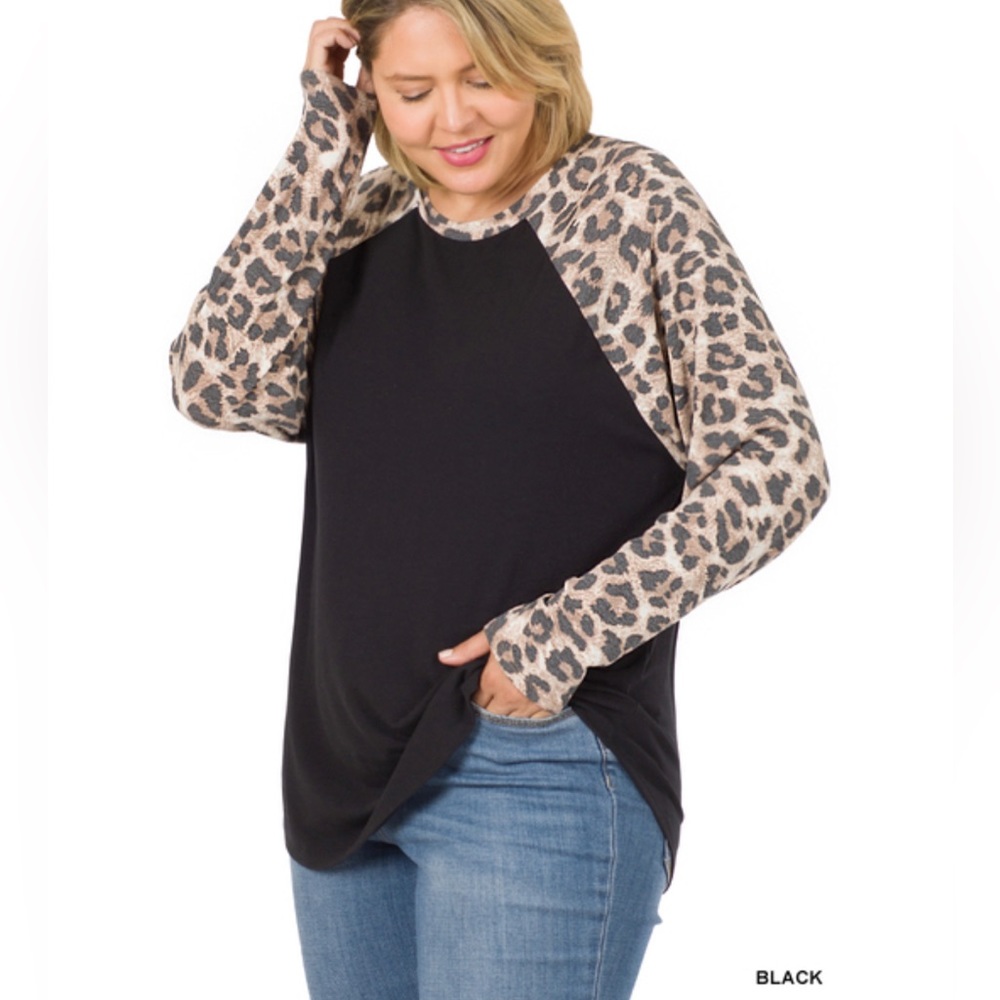 Plus Raglan Leopard Long Sleeve MODEST top 1X-3X NEW Black